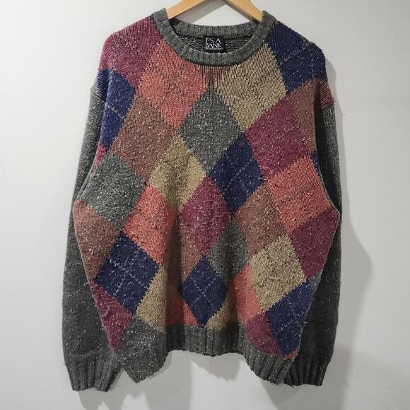 Jos A Bank Lambs Wool Argyle Diamond Chunky Knit Sweater Outdoor Casual Large - Picture 1 of 5